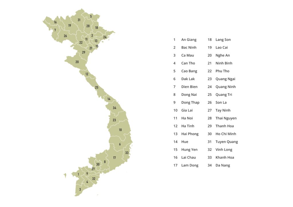 Labeled map of Vietnam showing provincial administrative units