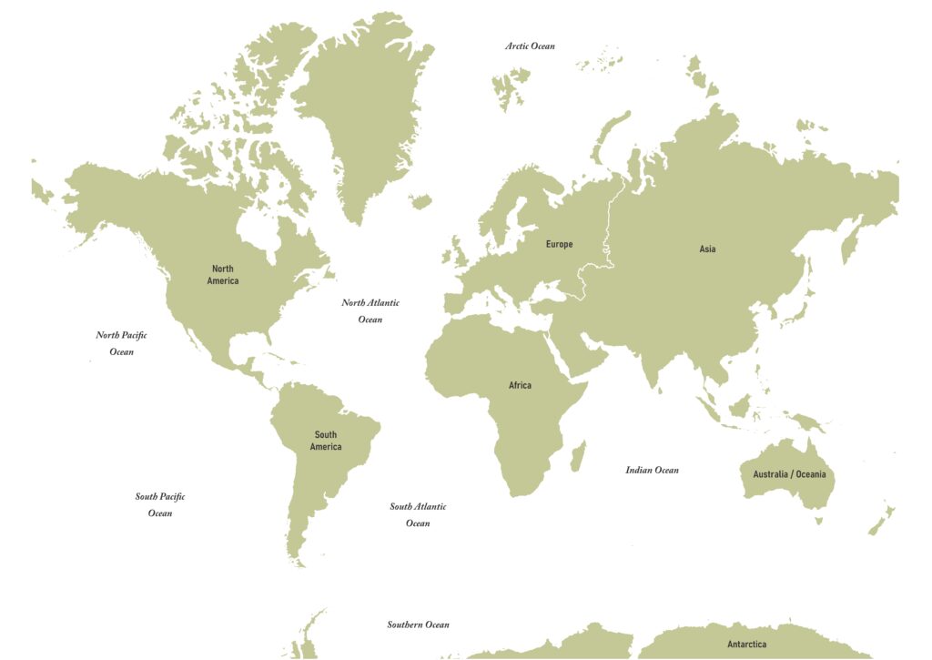 Map of the world showing continents and oceans