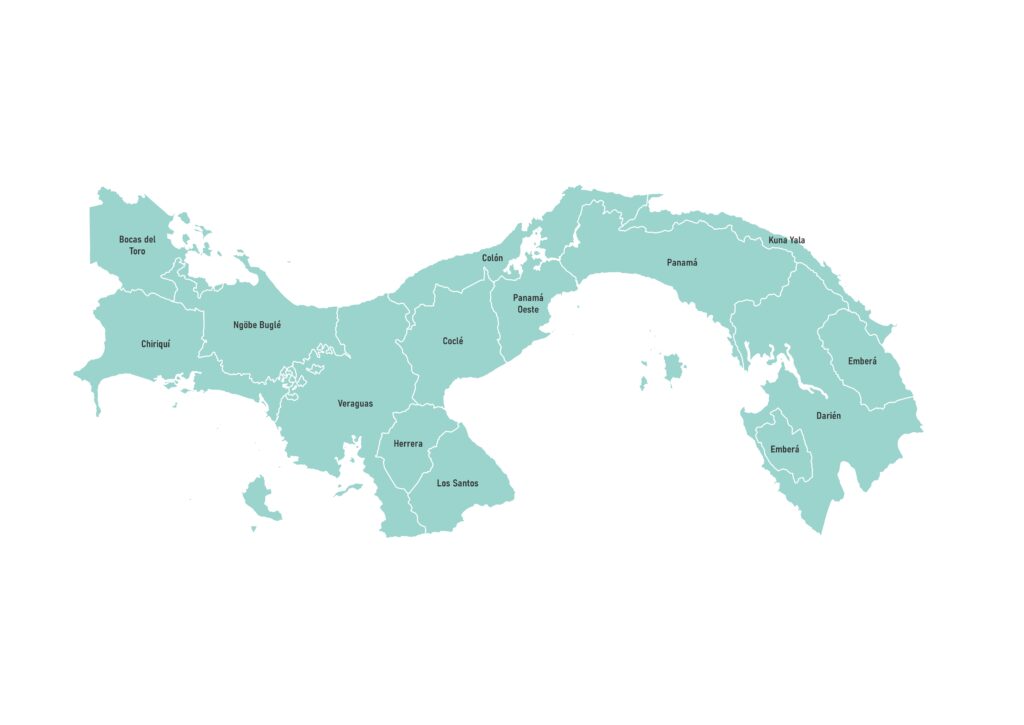 Labeled map of Panama showing provinces and indigenous territories otherwise known as Comarcas