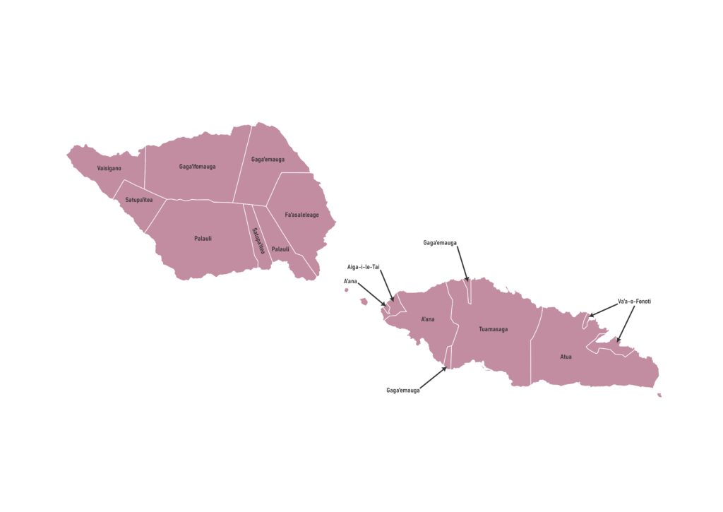 Labeled map of Samoa showing its traditional political districts (itūmālō)