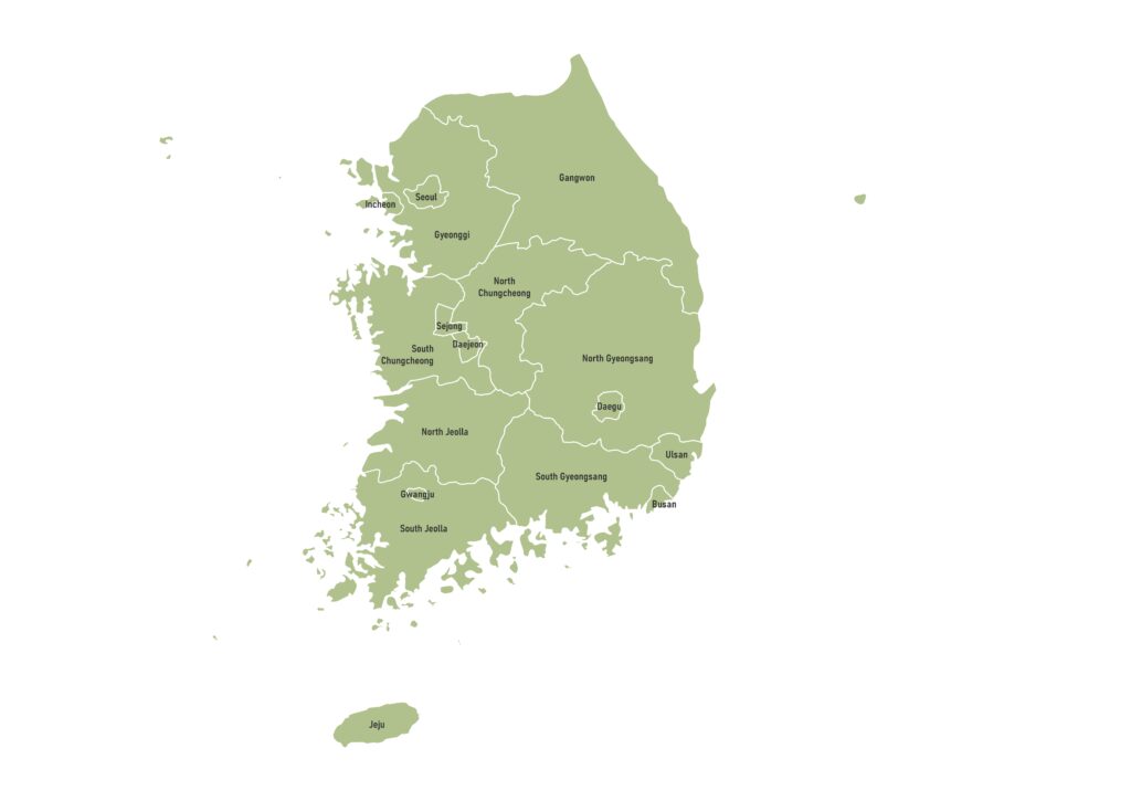 Labeled map of South Korea showing provincial-level administrative divisions