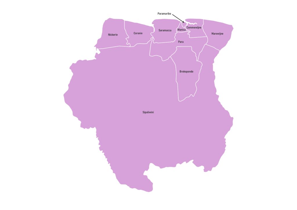 Labeled map of Suriname showing its 10 administrative districts