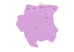 Labeled map of Suriname showing its 10 administrative districts