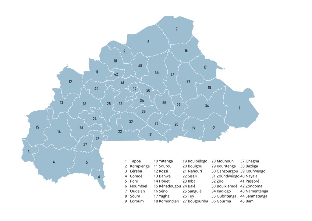 Map of Burkina Faso showing its 45 provinces with numbered labels