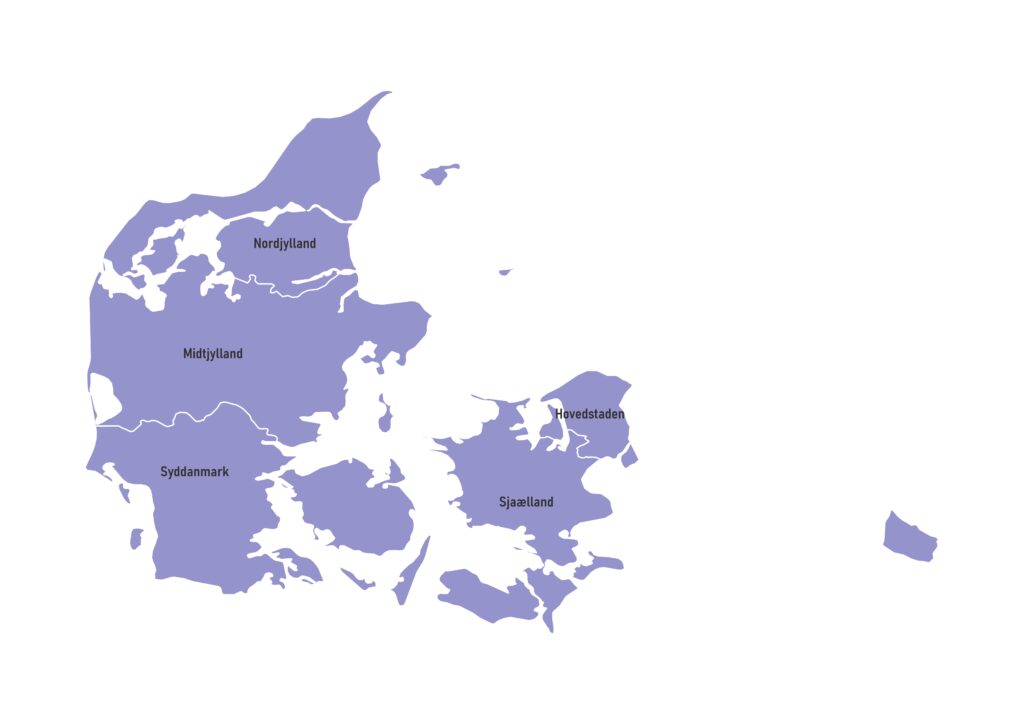 Labeled map of Denmark showing its five regions (regioner)