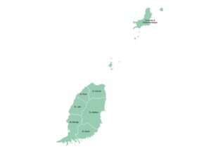 Labeled map of Grenada showing parishes and Carriacou and Petite Martinique