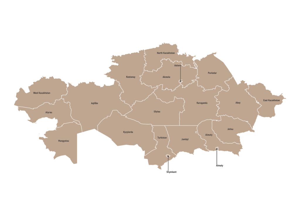 Labeled map of Kazakhstan showing regions (oblys) and the cities of Astana, Almaty and Shymkent