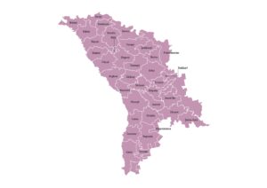Labeled map of Moldova showing districts (raioane), Chișinău, Bălți, Gagauzia and Transnistria