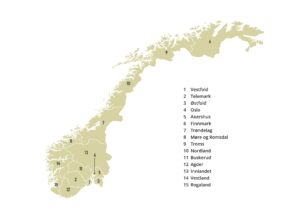 Map of Norway showing its 15 counties (fylker) with numbered labels