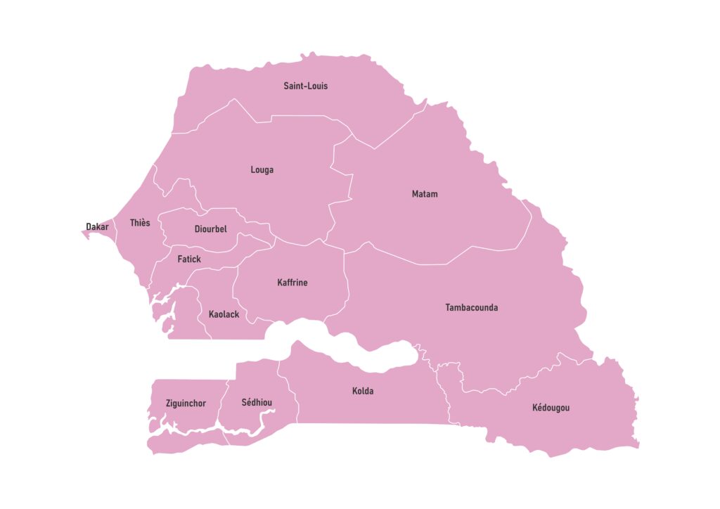 Labeled map of Senegal showing its 14 regions