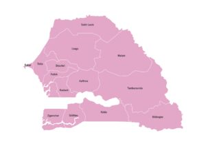 Labeled map of Senegal showing its 14 regions