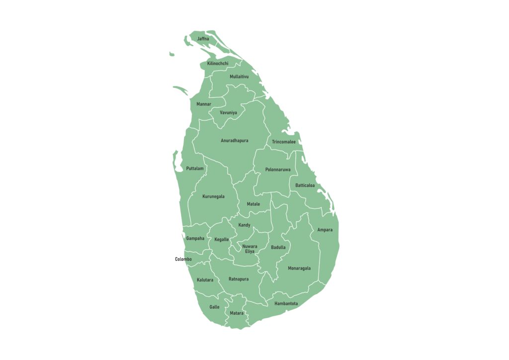 Labeled map of Sri Lanka showing its 25 districts