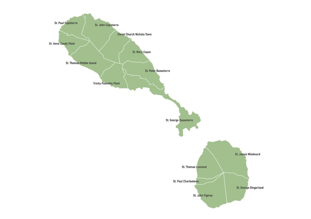 Labeled map of Saint Kitts and Nevis showing its 14 parishes