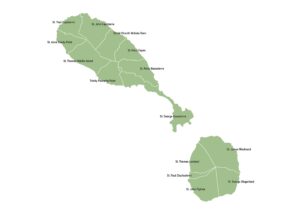 Labeled map of Saint Kitts and Nevis showing its 14 parishes