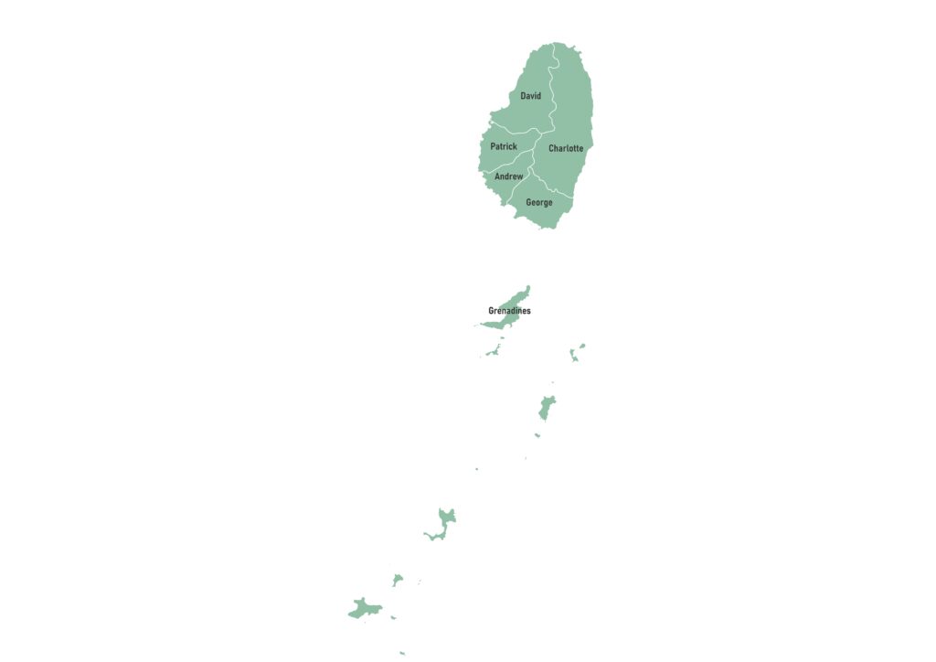Labeled map of Saint Vincent and the Grenadines showing its six parishes