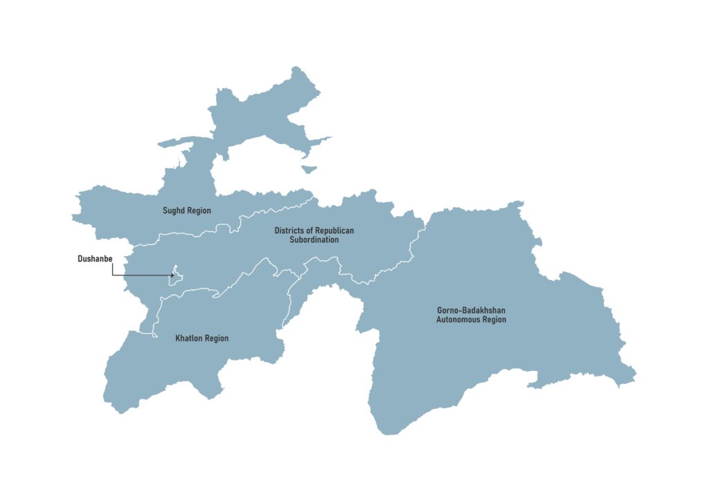 Labeled map of Tajikistan showing regions, Gorno-Badakhshan and the capital Dushanbe