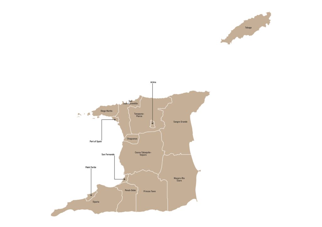 Labeled map of Trinidad and Tobago showing regional corporations, municipalities and Tobago